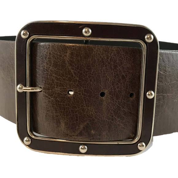 3" Wide Brown Leather Belt w/ Studded Buckle - Picture 3 of 5